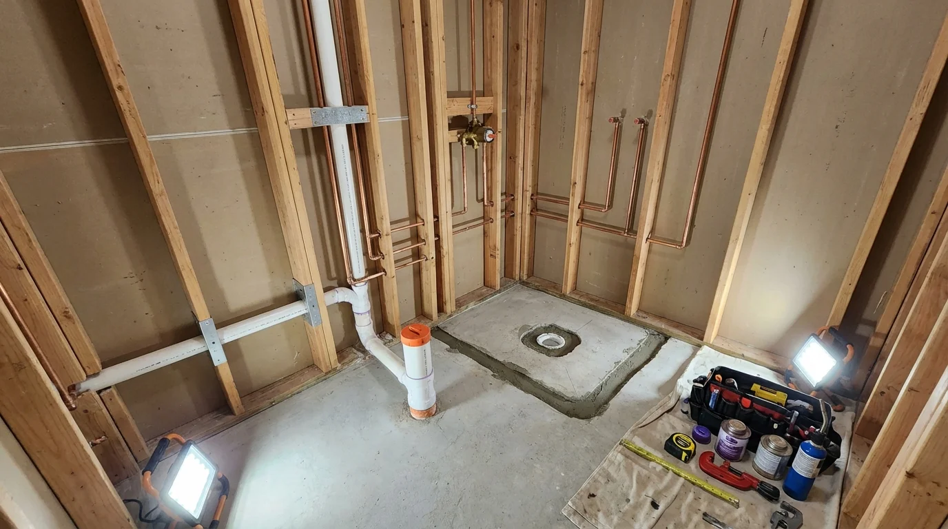 Bathroom rough-in plumbing during remodel by Johns Plumbing LLC in Reedsville