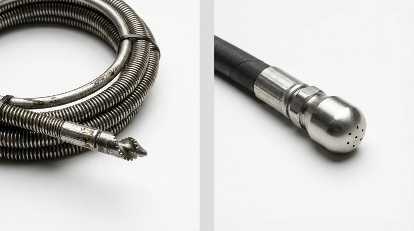 Drain snake cable and hydro jetting nozzle used for drain cleaning in Reedsville, WI