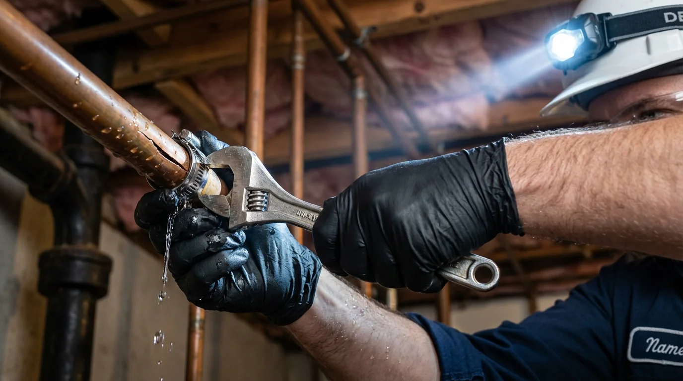 Emergency pipe clamp repair being performed by a Johns Plumbing LLC plumber in Reedsville