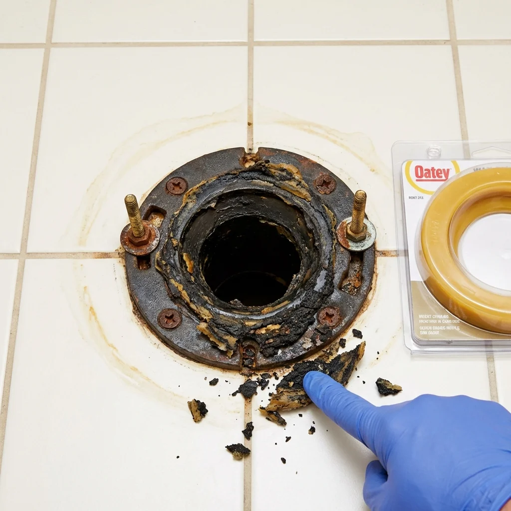 Failed wax ring showing water seepage at the base of a toilet in a Reedsville, WI home