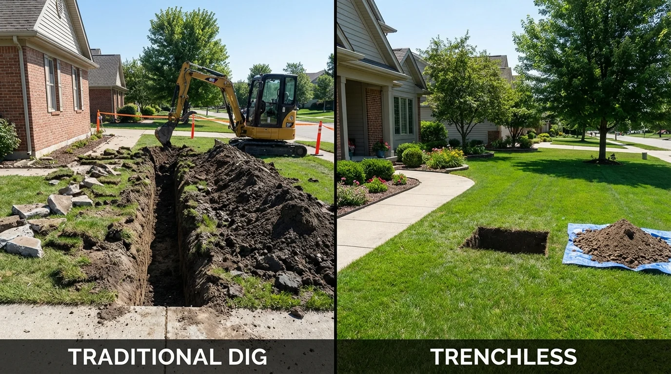 Trenchless sewer repair with minimal yard damage versus traditional excavation in Reedsville, WI