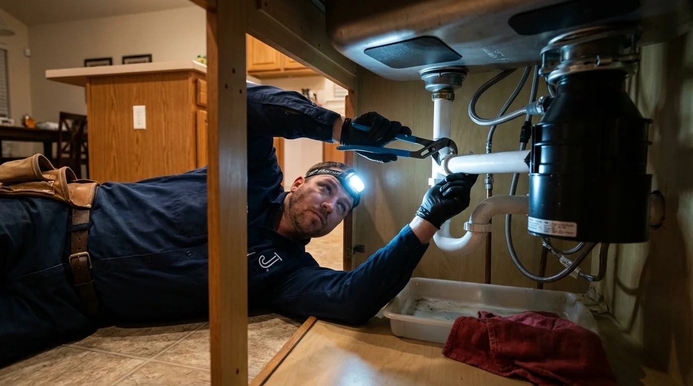 P-trap and supply line connections under a kitchen sink showing a common leak point in Reedsville, WI